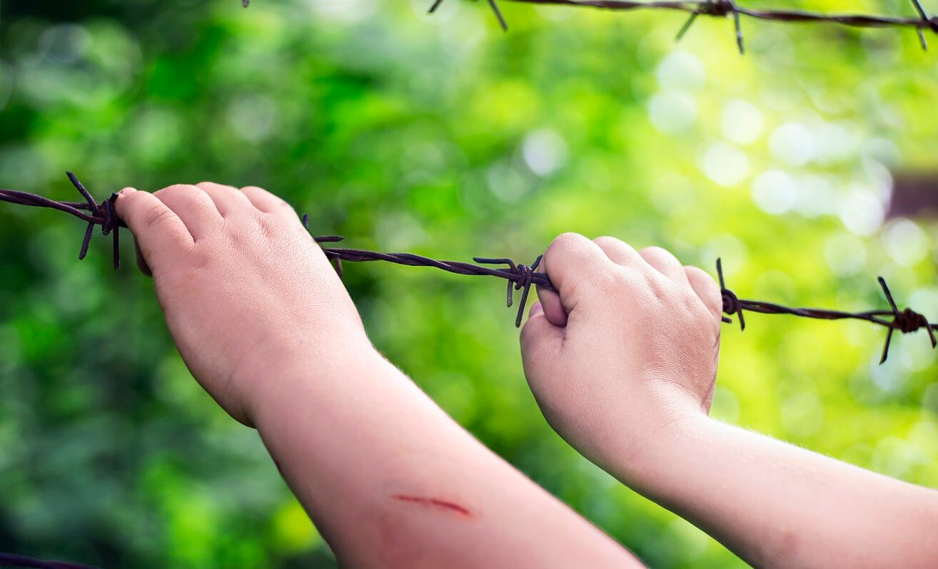 Child's hands on a rusty barbed wire in a sunny green blurry background